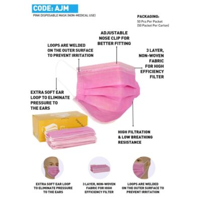 3 PLY DISPOSABLE MASK - PINK (NON-MEDICAL) SUPPLIER
