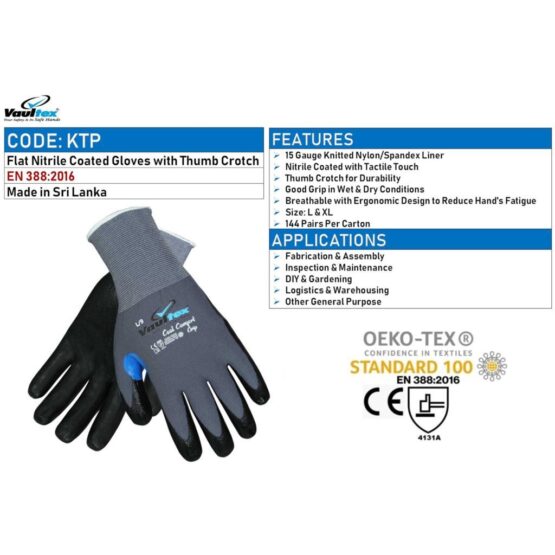 FLAT NITRILE COATED GLOVES WITH THUMB CROTCH